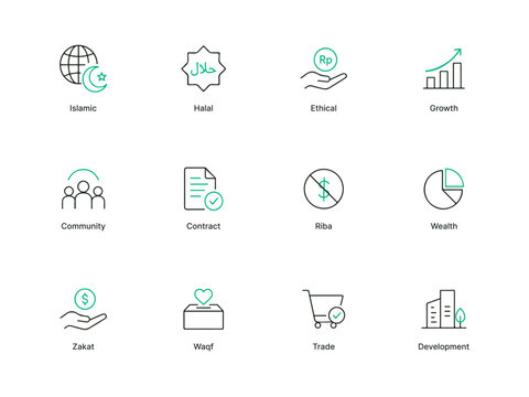 Islamic Finance Icons Set Finance Growth Community Ethical Halal Zakat Waqf Trade Development
