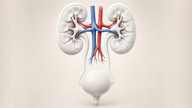 Matte white porcelain anatomical model showing the human urinary system kidneys ureters bladder on ivory pedestal