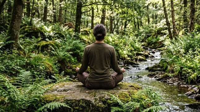 Person meditating in lotus position on mossy rock near flowing stream in lush green forest, mindfulness practice, yoga relaxation, mental health wellness, finding inner peace