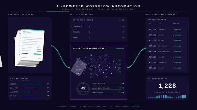 AI-powered workflow automation system processes invoices and contracts in a sleek data pipeline with glowing violet processor. professional stock footage for technology, business, and editorial use.