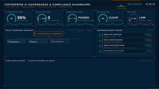 Executive-grade dark AI governance dashboard in 4K showing compliance metrics, policy framework, and risk heatmap with gold accents. professional stock footage for technology, business, and editorial.