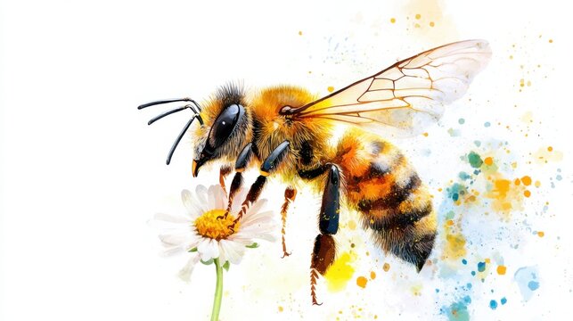 cute watercolor bee with tiny wings and flower, white background
