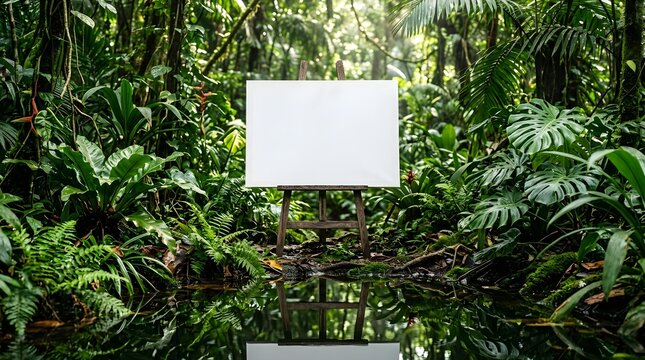 A vibrant wall of lush green leaves provides a natural backdrop for a blank white frame ideal for product placement or advertising
