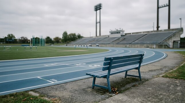 An empty outdoor swimming pool features a vibrant blue bench alongside stadium seating under an overcast cloudy sky during the daytime