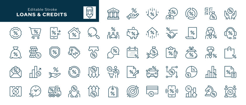 Loans and credits outline icons set. Payment, finance, credit card, debit, discount and more. Line icon in linear style. Vector collection