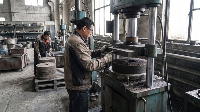Industrial worker operating hydraulic press machine in metal forging factory workshop. Concept of abrasive, grinding, wheel, pressing, mineral, grains, metal fabrication, manufacturing.