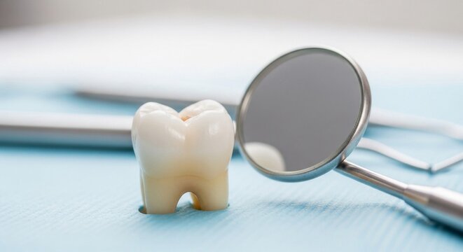 A healthy human tooth resting on a blue textured surface next to a dental examination mirror, emphasizing oral care and hygiene.