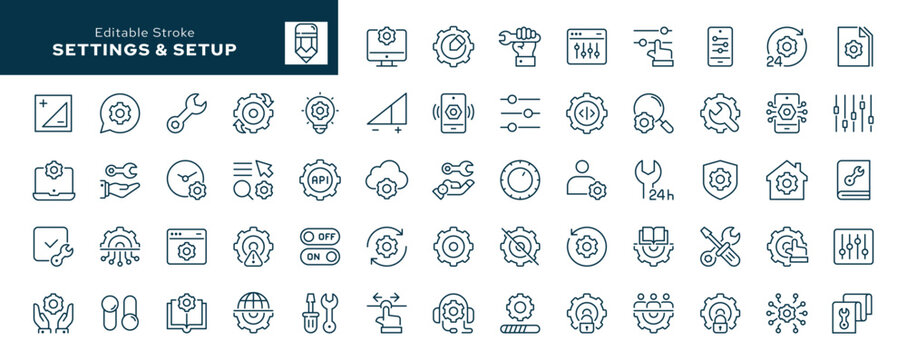Setting and setup outline icons. Option, installation, regulation and control tool. Line icon in linear style. Vector collection