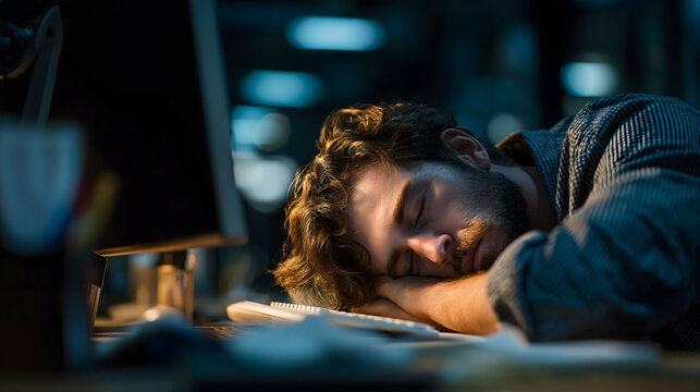 young man sleeping on the couch, office worker late night
