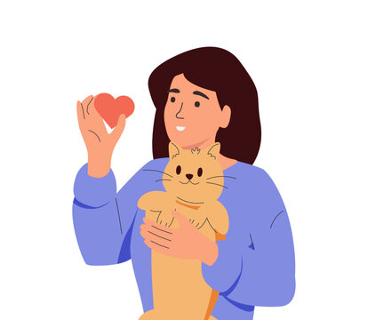 Volunteering at animal shelter, flat cartoon vector illustration. Female volunteer petting dog, inspiring message