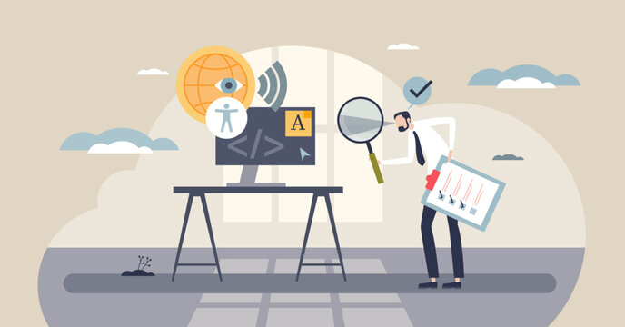 WCAG compliance audit shown by a monitor, magnifying glass, and checklist, conveying inclusive design testing for readable, perceivable content. Tiny style
