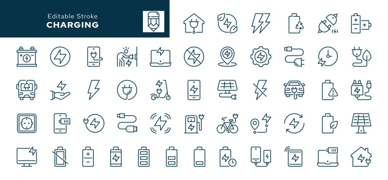 Charging outline icons set. Charger, electronic charging, charge devices. Line icon in linear style. Vector collection