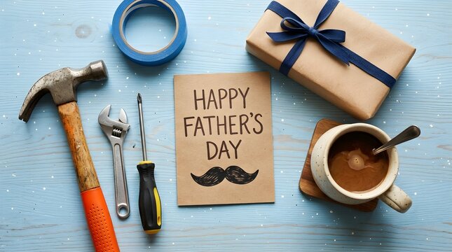 A heartfelt fathers day arrangement featuring tools a gift coffee and a charming greeting card