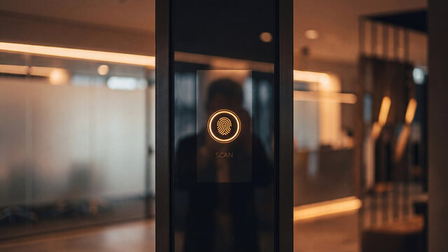 Silhouetted person reflected in a glass door with a glowing circular logo, suggesting entry or access within a contemporary office environment.