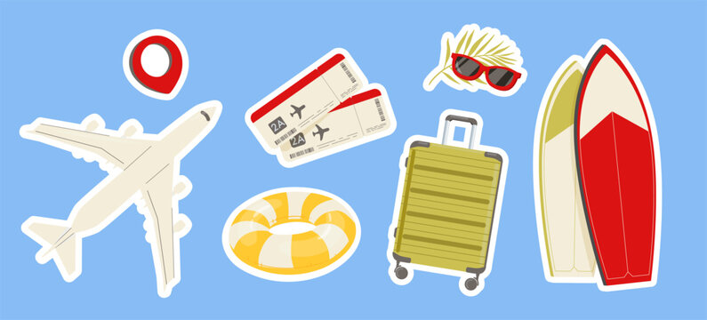 Travel stickers set, travel concept, vector illustration. Collection of travel objects isolated on blue background.