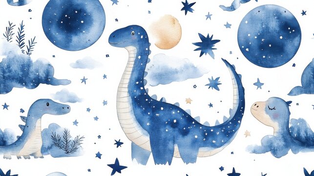 dinosaur and moon seamless pattern, watercolor illustration, white background
