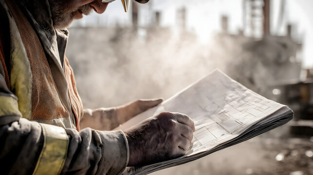 engineer checking construction plan on dusty site