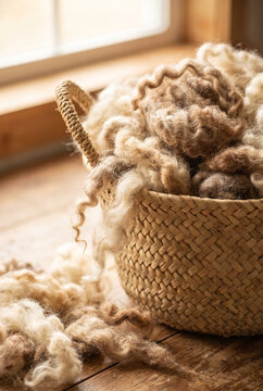 Woven basket filled with soft, fluffy raw natural wool indoors  