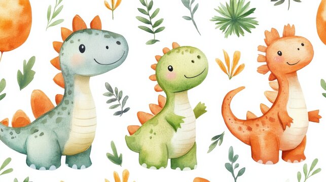 funny baby dino seamless pattern, watercolor painting, white background