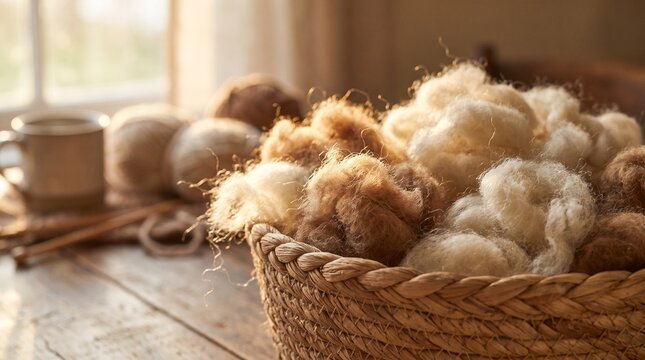 Close-up of woven basket filled with soft fluffy raw natural wool  