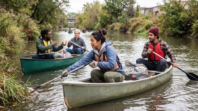 Diverse group of volunteers in canoes cleaning plastic trash from river water. Concept of river cleanup, plastic pollution.