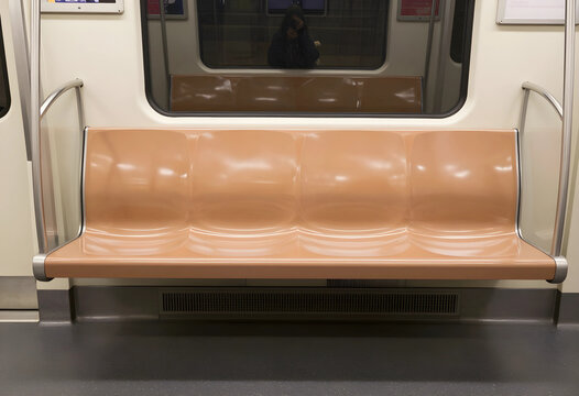 Public transportation and urban commuting, empty subway train seats with reflection of person in window