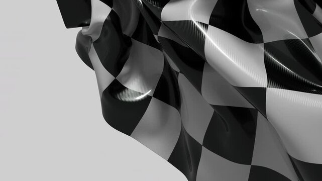 Dynamic animation of a textured checkered flag unfurling on light background.