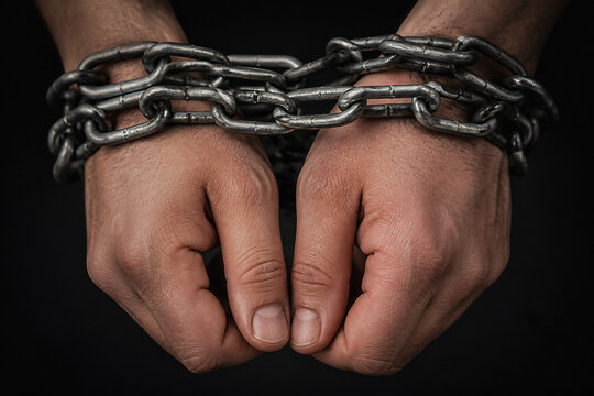 A pair of hands with heavy metal chains wrapped around them against a dark background.