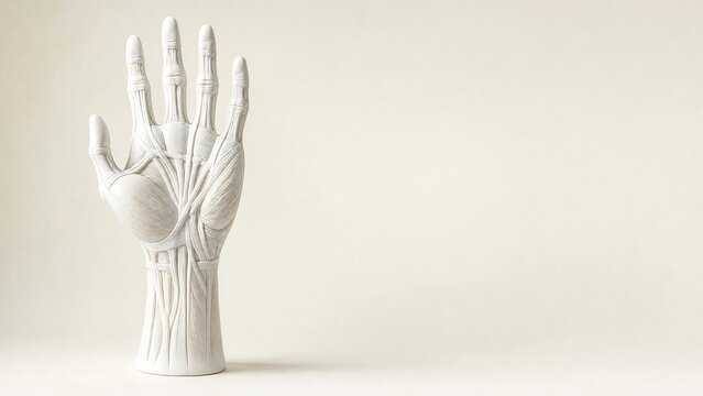 Matte white porcelain anatomical model of the human hand showing thenar hypothenar lumbricals extensor tendons