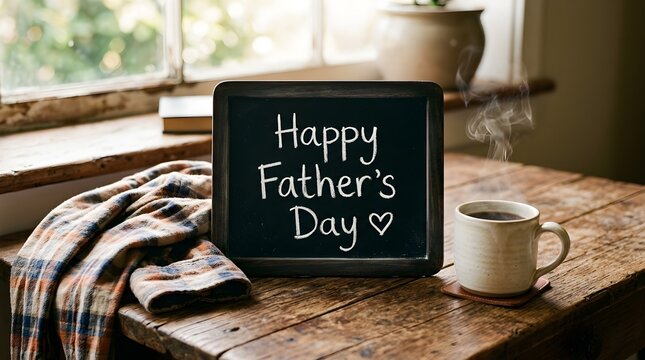 A heartwarming and cheerful fathers day display featuring a chalkboard greeting with a steaming cup of coffee in a cozy home setting
