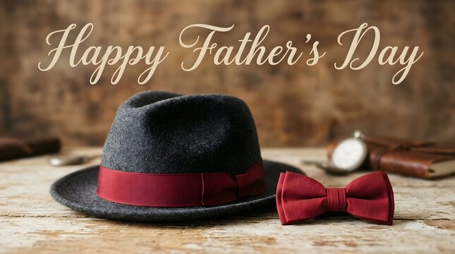 Celebrating fathers day with a stylish classic fedora hat and a handsome bow tie resting on a beautiful wooden surface
