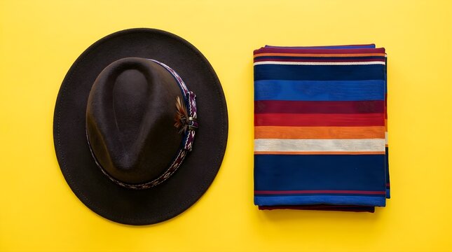 A fashionable black cowboy hat rests beside a vibrant colorful striped serape blanket against a bright cheerful yellow backdrop in a western