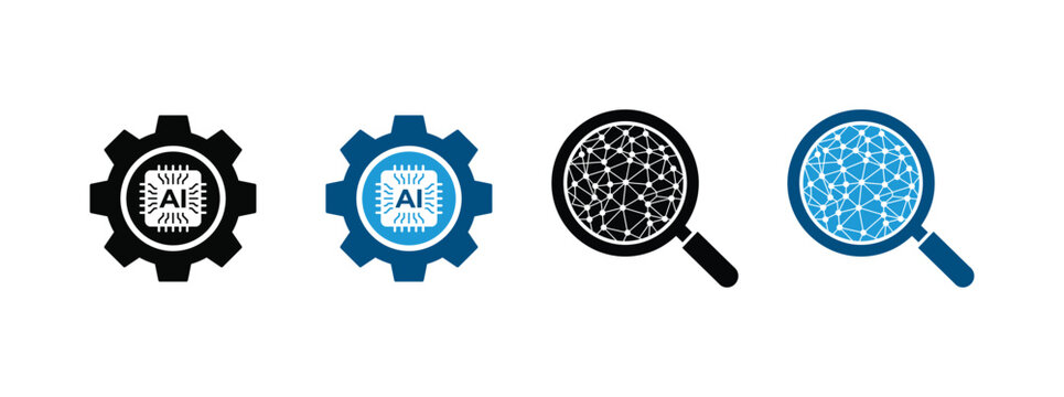 Artificial Intelligence and Neural Network Technology Glyph Icon Set, AI Chip Gear and Digital Network Search Symbols