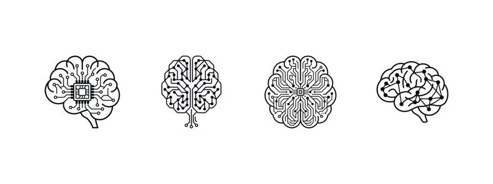 Artificial intelligence brain icon set with microchip circuit board and neural network node connections for future technology, cyber brain vector illustration, digital smart mind concept design