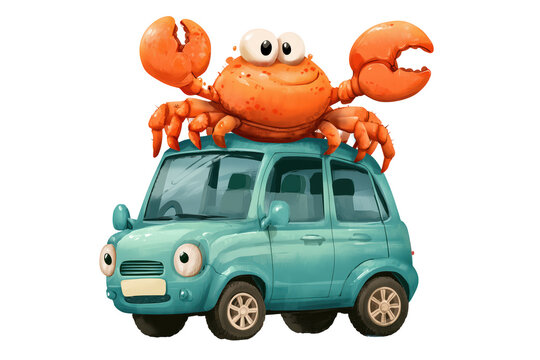 Cute cartoon crab riding a playful teal car with expressive eyes and cheerful vibes