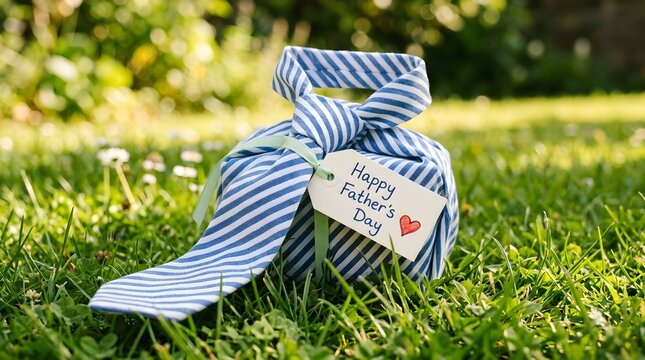An american football is carefully and creatively wrapped in a stylish blue and white striped necktie resting on vibrant green grass outdoors