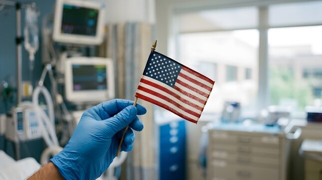 A gloved hand holds a small american flag in a busy hospital intensive care unit setting representing patriotism and care
