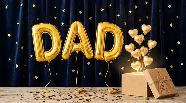 Golden balloons forming the word dad alongside colorful gift boxes and scattered confetti celebrate a wonderful father and his special occasion