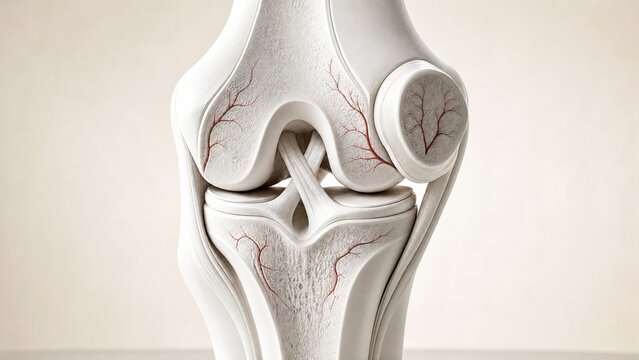 Matte white porcelain anatomical model showing cross section of the knee joint femur tibia patella ligaments menisci