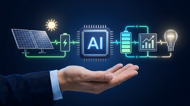 Artificial intelligence microchip monitoring renewable energy workflow from solar panels to smart grid battery storage