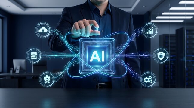Chief technology officer touching artificial intelligence node on virtual dashboard for enterprise system integration