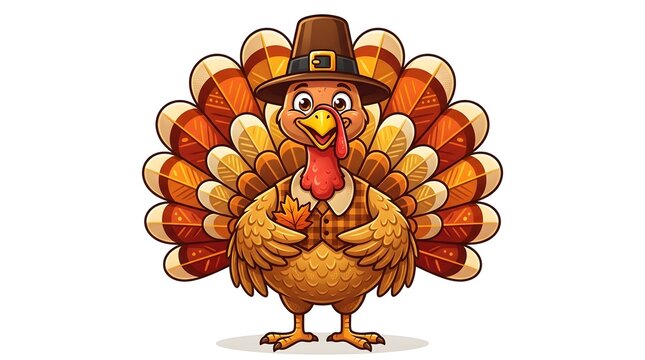 Cute cartoon turkey wearing a pilgrim hat and holding a maple leaf, festive thanksgiving character illustration