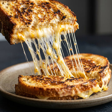 Delicious grilled cheese sandwich with melted stretchy cheese pull on a rustic plate.