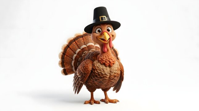 3d rendered cute turkey wearing a pilgrim hat, isolated on white background