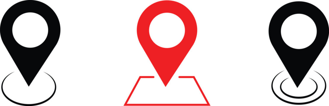 Modern Location Pin and Map Marker Icons Collection with Black and Red Navigation Symbols for GPS, Address, Geolocation, Mapping, Travel and Digital Location Services