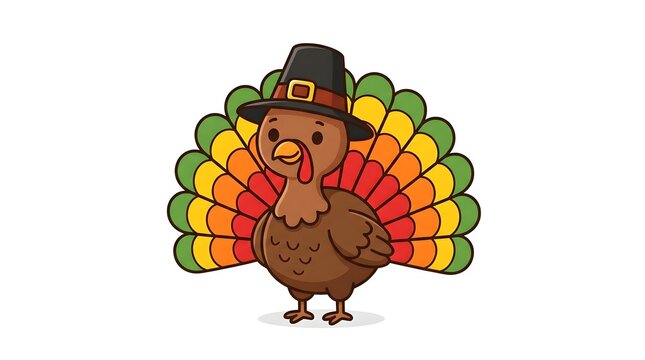 Cute cartoon turkey wearing a pilgrim hat with colorful feathers, simple flat vector illustration
