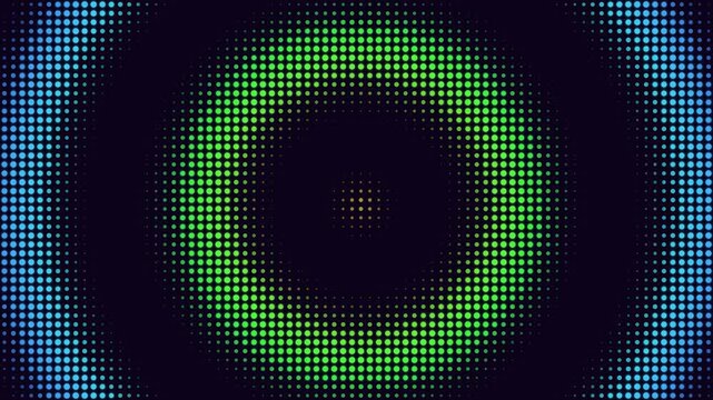 Abstract concentric circles featuring vibrant green and blue dot patterns