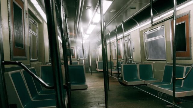 A subway car sits empty with blue seats and metal poles. The lights above are on, and there is a reflection on the windows. This scene takes place during late evening in the city.