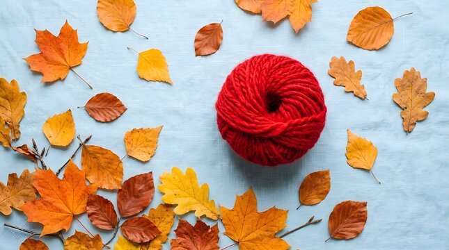A vibrant red yarn ball rests among scattered golden autumn leaves on a textured light blue surface creating a cozy fall scene