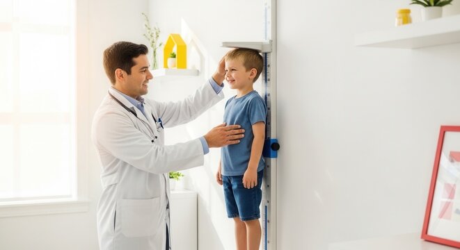 Doctor measuring child's height using stadiometer in a bright, modern clinic examination room, promoting healthcare and growth monitoring.